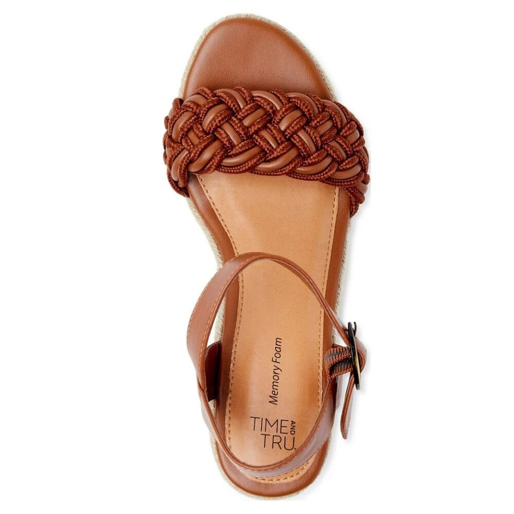 Time and Tru Women's Braided Espadrille Memory Foam Wedge Sandals – Cognac Brown - Picture 3 of 3